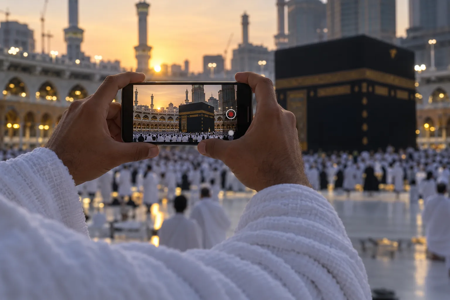 İhramlı bir hocanın elinde, Kâbe önünde video çeken telefon